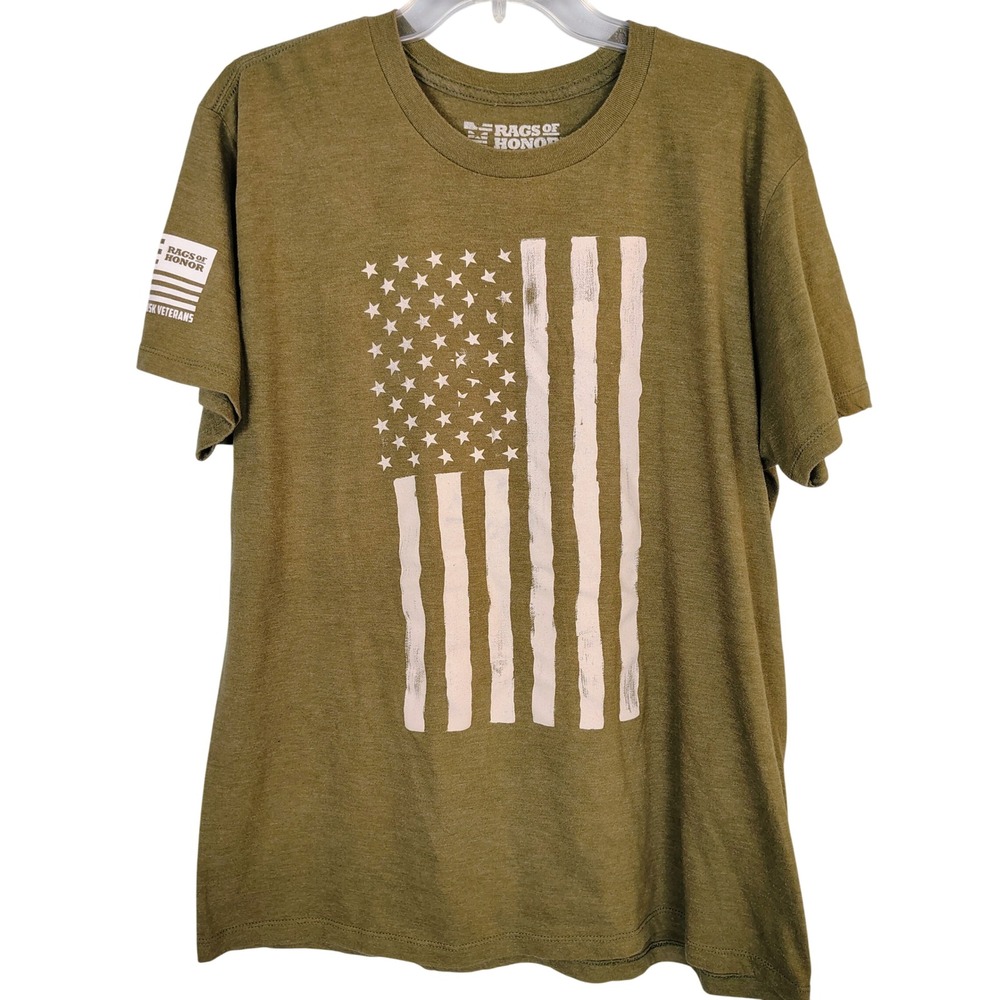 Rags of Honor Mens L Olive Green American Flag Graphic T-Shirt Veteran Support